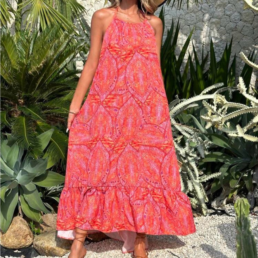 Boho Floral Paisley Print Hi Low Hem Backless Open Back Halter Maxi Dress - Picture 4 of 5